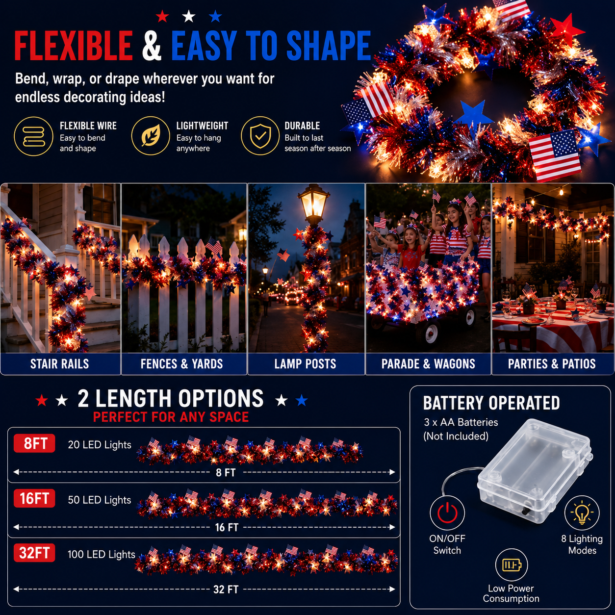 American Flag & Star Red White Blue Fairy Lights
